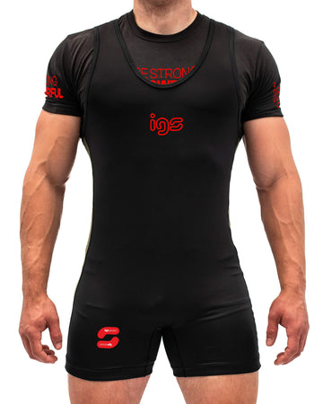 New Power Singlet IGS PRO® - IGS SPORT ITALIA - Fronte completo tutino nero da uomo per powerlifting con logo rosso IGS