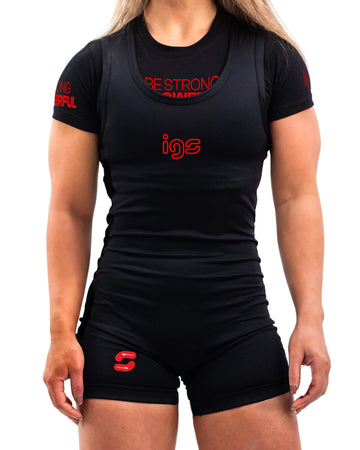 New Power Singlet IGS PRO® donna - IGS SPORT ITALIA - Fronte completo donna canotta nera con logo rosso IGS