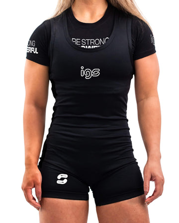 New Power Singlet IGS PRO® donna - IGS SPORT ITALIA - Fronte completo canotta donna nera con logo bianco IGS